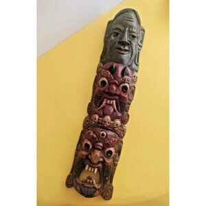 Vintage Nepalese Mahakala Wood Carving 19" x 5" Tibetan Totem Pole